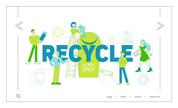 Battery Recycle Landing Page Template. Tiny People Characters Put Huge Batteries Trash to Container. Garbage Disposal, Clean Environment, Ecology Environmental Conservation. Linear Vector Illustration