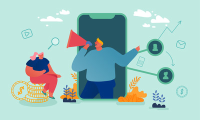 Fototapeta na wymiar Referral Program Concept. Characters Invite Friends, Earn Prize and Discount. Woman Sitting on Money Pile Listen to Man with Megaphone on Huge Mobile Phone Screen. Cartoon People Vector Illustration