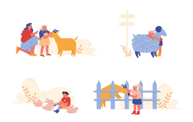 Little Kids Visit Farming Zoo with Parents. Children Characters Petting Domestic Animals Care of Sheep, Rabbits and Goat. Mother, Girl and Boy Spend Time on Weekend. Cartoon People Vector Illustration