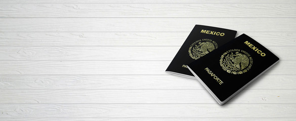 Mexican Passports on Wood Lines Background Banner with Copy Space - 3D Illustration