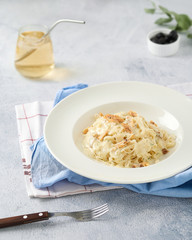 Spaghetti cream cheese white sauce with salmon Italian cuisine