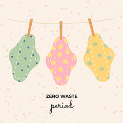 Zero waste. Reusable fabric pads with different patterns on a beige background. Isolated vector illustration.