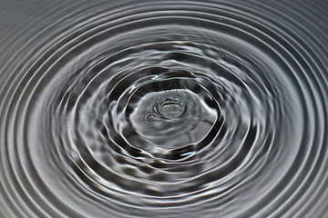 Water drop falling into water making waves