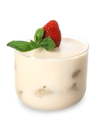 Tasty tiramisu on white background