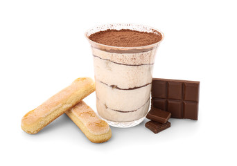 Tasty tiramisu on white background