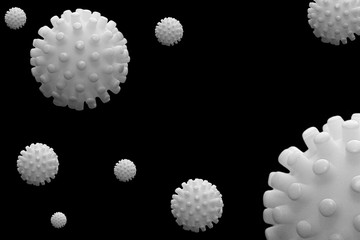 white non-transparent molecules of coronoviruses on a black background, white balls with pimples