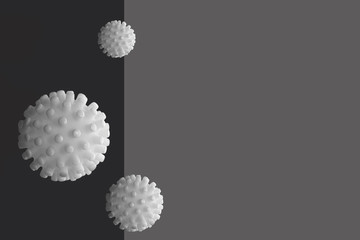 white non-transparent molecules of coronoviruses on a gray background, white balls with pimples