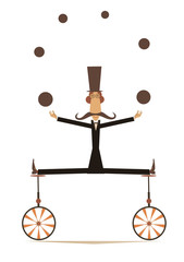Equilibrist mustache man on two unicycles juggles the balls illustration. Funny long mustache man in the top hat balances on two unicycles and juggles the balls isolated on white illustration  © bigmen