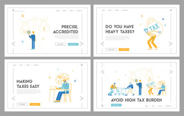 Tax Payment Obligation Landing Page Template Set. Business People Characters at Huge Scales with Tax and Money Weight, Businessmen Burden Taxation, Bank Loan Financial Debt. Linear Vector Illustration