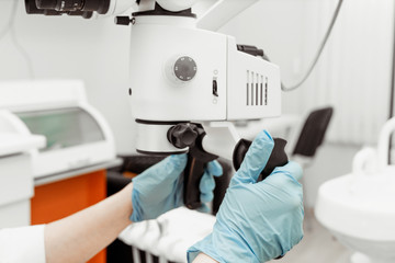 A professional microscope in a dental clinic. Modern equipment in dentistry. Medical equipment