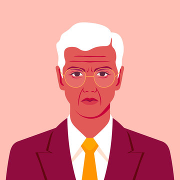 Portrait Of An Old Businessman In A Suit With A Tie. Avatar Of A Sad Man. Vector Illustration In Flat Style