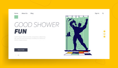 Obraz na płótnie Canvas Man Singing Song in Shower Holding Brush like Microphone Landing Page Template. Naked Happy Male Character Bathing and Dancing while Washing in Bathroom Like Super Star. Linear Vector Illustration