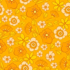 Deurstickers Oranje naadloos patroon met heldere bloemen in de stijl van de jaren 70