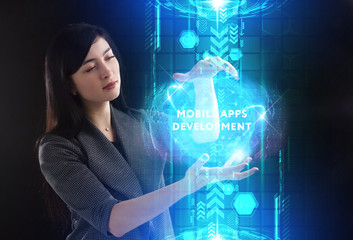 Business, Technology, Internet and network concept. Young businessman working on a virtual screen of the future and sees the inscription: Mobile apps development