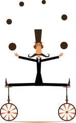 Equilibrist mustache man on two unicycles juggles the balls illustration.  Funny long mustache man in the top hat balances on two unicycles and juggles the balls isolated on white illustration © bigmen