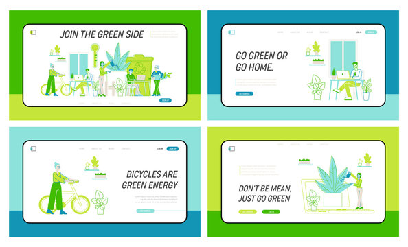 Business People Work Together in Modern Green Office with Plants Landing Page Template Set. Creative Characters with Laptops Use Eco Technologies for Job, Successful Team. Linear Vector Illustration
