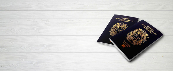 Venezuelan Passports on Wood Lines Background Banner with Copy Space - 3D Illustration