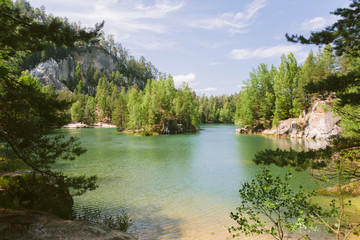 Beautiful landscape of Adrspach. Mountain lake in summer.