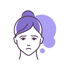 Human feeling despair line color icon. Face of a young girl depicting emotion sketch element. Cute character on dark blue background. Outline vector illustration.