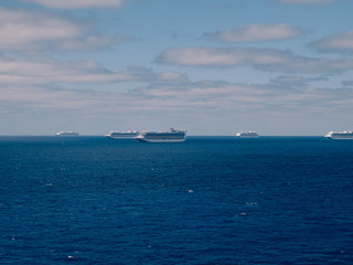 Bimini, Bahamas - March 28, 2020: cruise ships on quarantine COVID-19 at the ocean at sunny weather