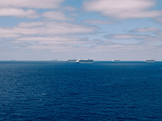 Bimini, Bahamas - March 28, 2020: cruise ships on quarantine COVID-19 at the ocean at sunny weather