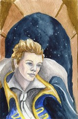 Watercolor portrait of a young blond beautiful man in aristocratic clothes in the night castle in three quarter