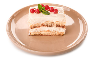 Plate with tasty tiramisu on white background