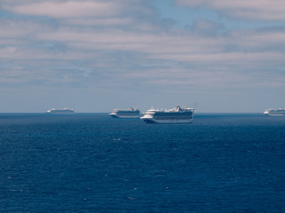 Bimini, Bahamas - March 28, 2020: cruise ships on quarantine COVID-19 at the ocean at sunny weather