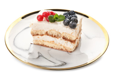 Plate with tasty tiramisu on white background