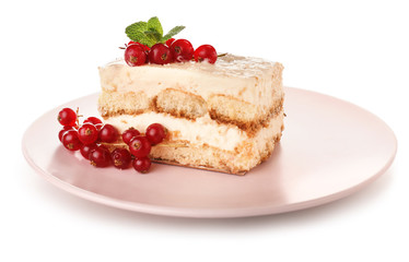 Plate with tasty tiramisu on white background
