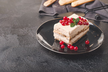 Plate with tasty tiramisu on dark background