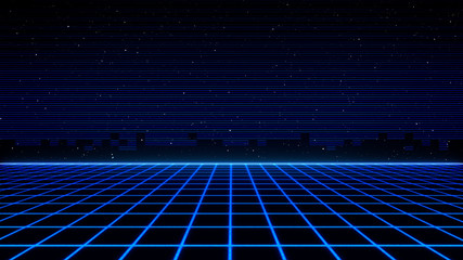 Retro cyberpunk style 80s Sci-Fi Background Futuristic with laser grid landscape. Digital cyber surface style of the 1980`s. 3D illustration