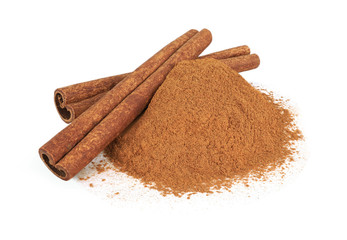 Cinnamon stick and powder isolated on white background.