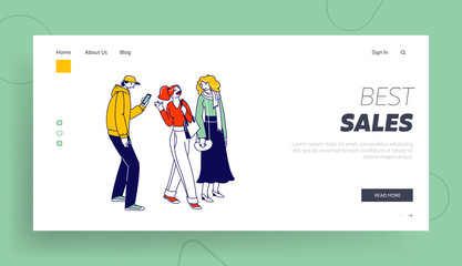 Obraz na płótnie Canvas Stylish People with Gadgets Communicate Landing Page Template. Characters in Trendy Clothes Standing in Line or Queue Waiting for Store Boutique or Showroom Opening. Linear Vector Illustration