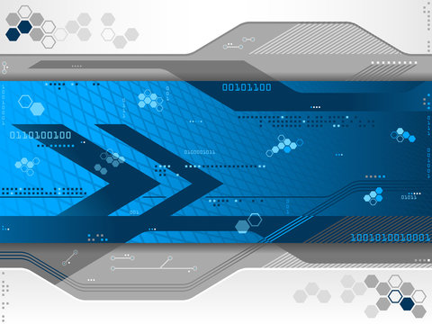 Blue and white abstract vector background with arrows, hexagonal patterns, a mesh, flowing lines, binary code and various shapes. Can represent technology, speed, the Internet, data, patterns, motion 