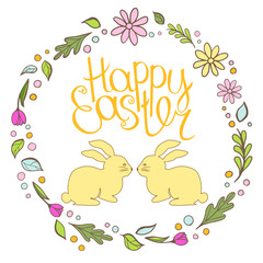 Fototapeta premium Greeting card Happy Easter. Vector illustration with colorful wreath of flowers and rabbits. Hand lettering. Isolated on a turquoise background.