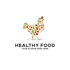 Healthy food logo design vector, fresh fruits and vegetables drawing chicken abstract illustration