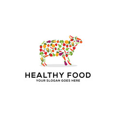 Healthy food logo design vector, fresh fruits and vegetables drawing sheep abstract illustration