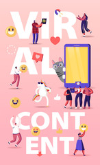 Viral Content Concept. Tiny Characters at Huge Mobile with Funny Unicorn and Cat. Social Media Blogging, Movie Streaming, Online Network Likes Poster Banner Flyer Cartoon People Vector Illustration