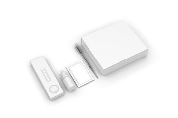 Blank rapid home self test kit packaging for branding, 3d render illustration.
