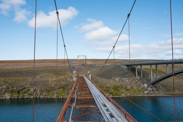 cable car bridge across river Tungnaa in Iceland