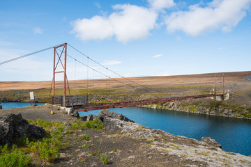 cable car bridge across river Tungnaa in Iceland