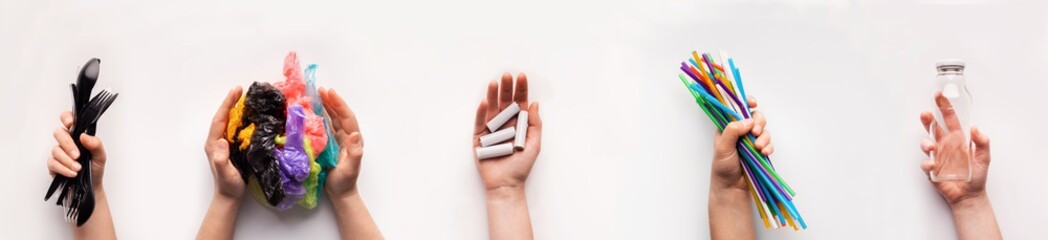 Waste recycling. Collage with people holding different types of reusable garbage on white...