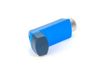 Blue Asthma inhaler isolated on a white background. Disease concept.