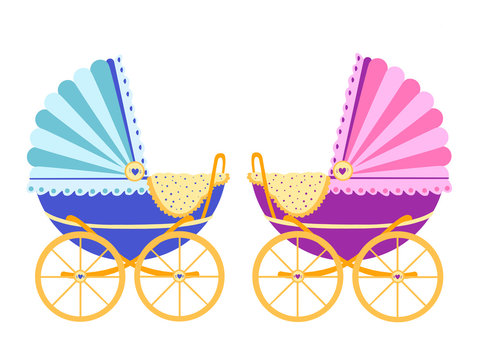 Baby arrival announcement card / Twin baby girl & boy shower card / baby card. Vector pram . Flat illustration. Boy or girl.