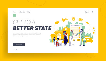 Obraz na płótnie Canvas Property, Life and Health Insurance Landing Page Template. Family Characters Sign Policy for Money Compensation. Home, Travel Protection, Agent Handshake with Client. Linear People Vector Illustration