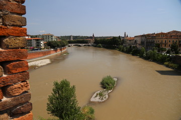 Verona - Adige panorama and rafts on the Adige.