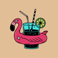 INFLATABLE FLAMINGO WITH COCKTAIL COLOR WHITE BACKGROUND