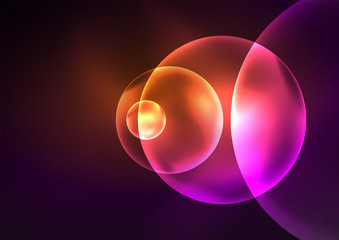 Glowing neon shiny transparent bubbles, glass circles or bio cell concept. Techno futuristic vector abstract background For Wallpaper, Banner, Background, Card, Book Illustration, landing page