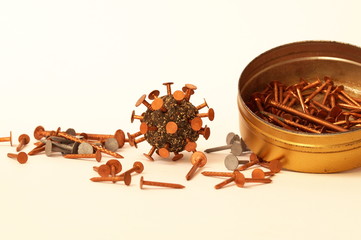 Coronavirus outbreak, coronaviruses influenza background with tin can and copper metal nails. Objekt concept for sick craftsman during the Corona epidemic, at quarantine time of coronavirus Covid-19